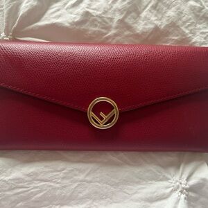 Fendi- Authentic 🍀 EUC Red Leather Long Wallet